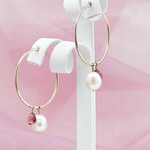 Pearl & Pink Tourmaline Hoop Earrings, 14K Gold Filled Thin Endless Hoops